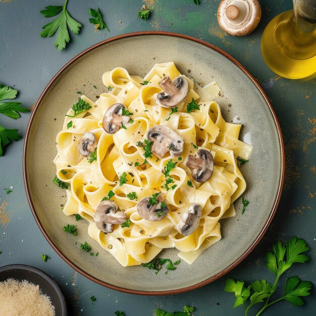 Photo shot de champignon pappardelle avec sauce crémeuse et persil frais