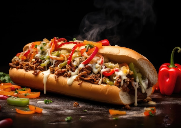 Un shot de cheesesteak Philly avec une variété de garnitures comme des oignons et des poivrons