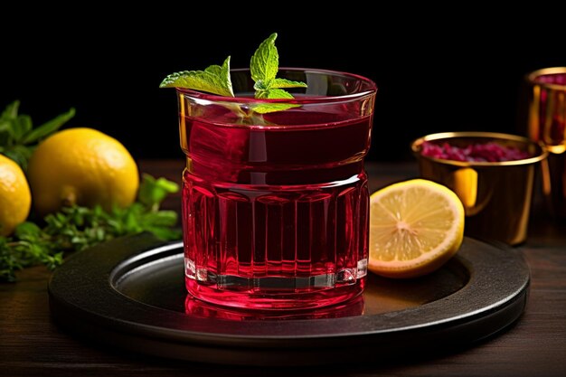 Photo un shot de jus de betterave servi dans un petit verre avec une tranche de citron sur le bord