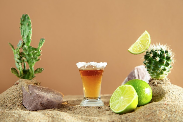 Shot de tequila mexicaine avec de la chaux et du sel parmi les dunes de sable et les cactus Fond beige