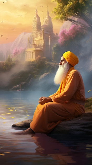 Photo shri guru nanak dev ji assis sur le bord d'une rivière