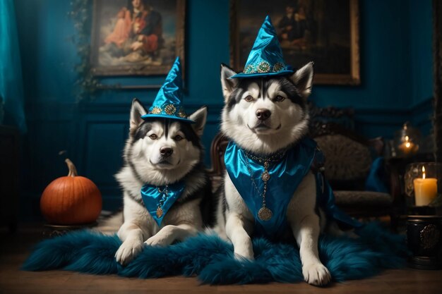 Sibérien Spellbinder Cute Dog dans le chapeau de sorcière et le décor d'Halloween