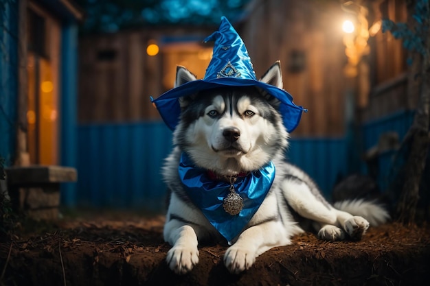 Sibérien Spellbinder Cute Dog dans le chapeau de sorcière et le décor d'Halloween