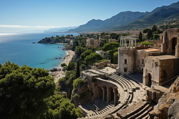 Photo sicile italie le théâtre greco de taormina un vieux théâtre avec des vues panoramiques générative ia