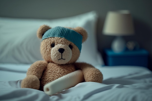 Sick Teddy un jouet au lit avec un bandage sur la tête