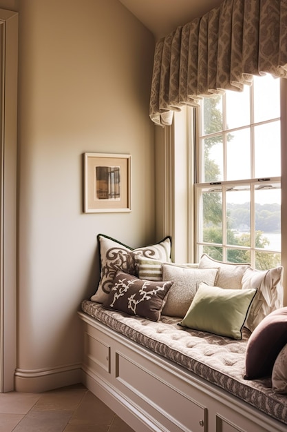 Siège de fenêtre design d'intérieur et confort à la maison coin lecture avec coussins et décor dans une maison de campagne style cottage anglais ai générative
