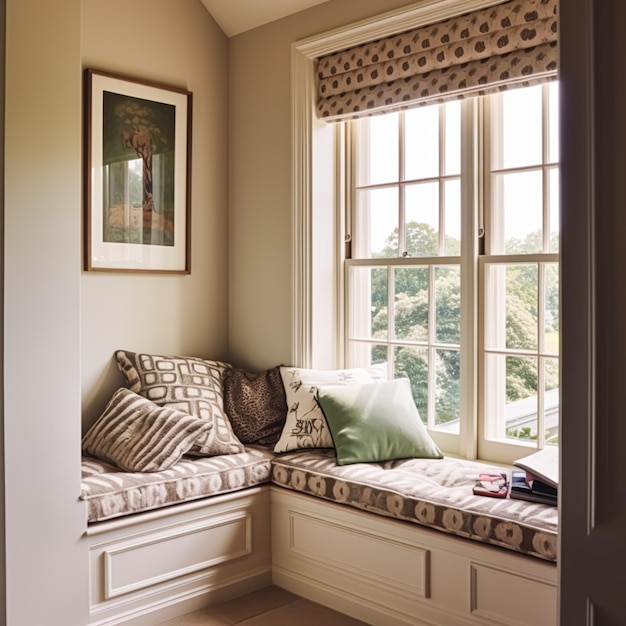 Siège de fenêtre design d'intérieur et confort à la maison coin lecture avec coussins et décor dans une maison de campagne style cottage anglais ai générative