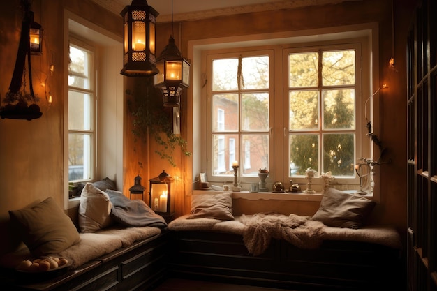 Un siège de fenêtre avec des lanternes et des bas suspendus au-dessus dans une pièce confortable et accueillante