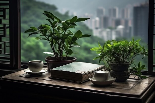 Photo siège à la fenêtre avec des livres et une vue sur la ville