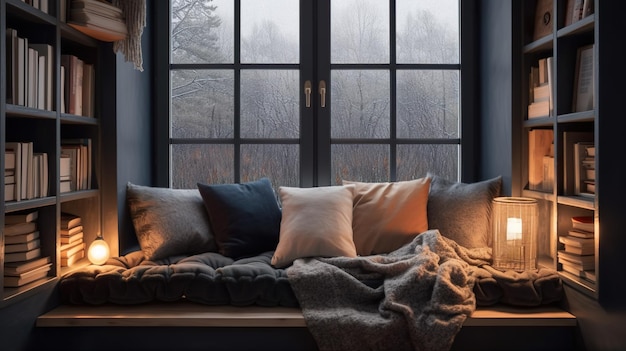 Un siège de fenêtre avec des oreillers et une couverture dessus Image générative AI Style universitaire sombre