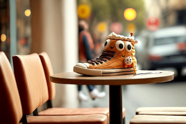 Siège de personnage de baskets mignon dans un café sur fond flou