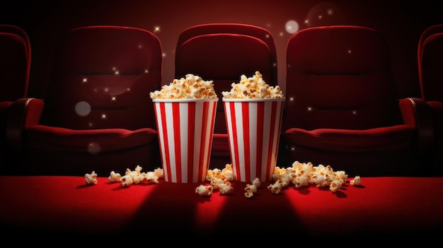 Des sièges de cinéma avec du pop-corn et des boissons