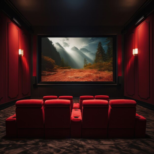 Photo des sièges de cinéma en velours rouge avec un écran vide