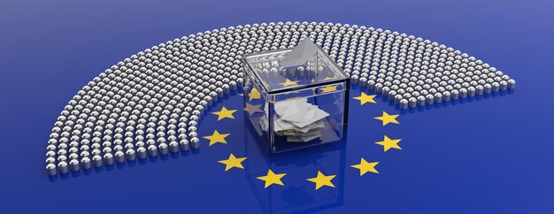 Sièges du parlement de l'Union européenne et boîte de vote sur fond de drapeau de l'UE illustration 3d