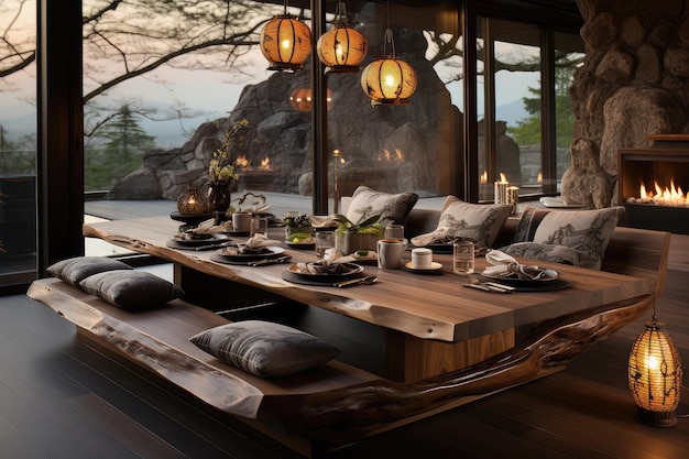 sièges modernes sur le plancher de la salle à manger japonaise photographie publicitaire professionnelle