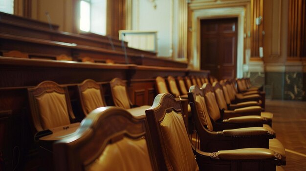 Photo des sièges vides du jury dans une salle d'audience scène de procès juridique avec des chaises en bois