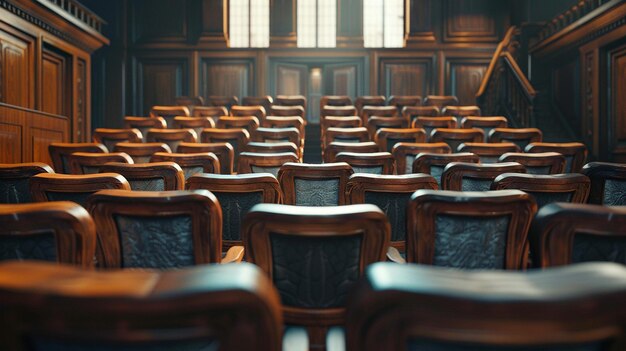 Photo des sièges vides du jury dans une salle d'audience