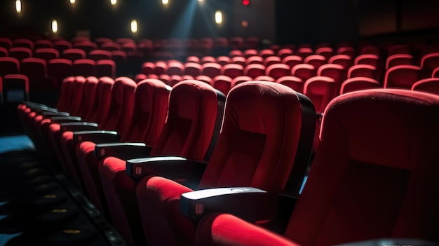 Des sièges vides en velours dans un cinéma.