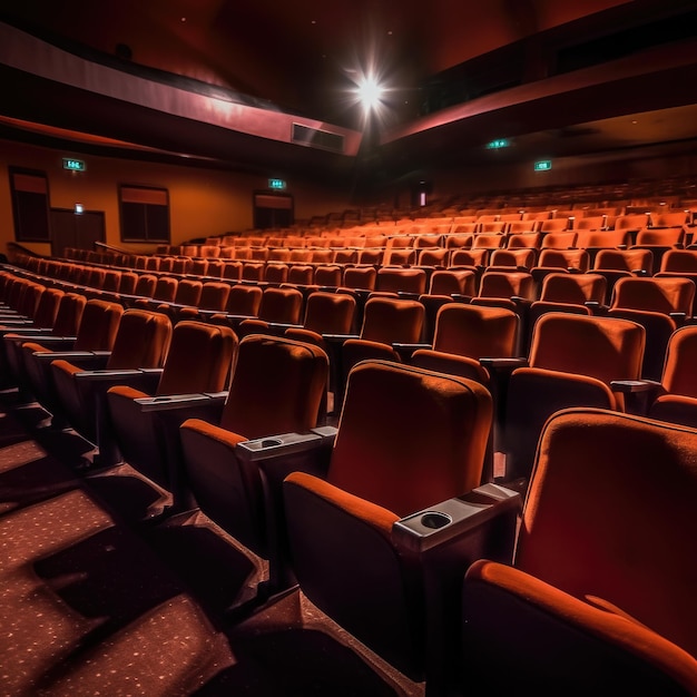 Des sièges vides en velours dans un cinéma.