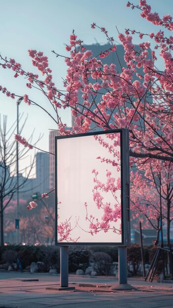 Signage numérique de forme verticale avec un cadre gris foncé Les fleurs de Sakura sont en fleurs