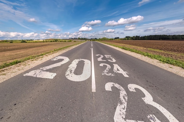 Signature 2023 2024 et démarrer sur route d'asphalte autoroute avec le lever ou le coucher du soleil ciel d'arrière-plan concept de destination dans le futur travail de liberté commencer à courir planification défi cible nouvelle année