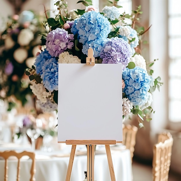 Signature de bienvenue carte de maquette verticale sur fond floral fleurs bleues d'hortensie