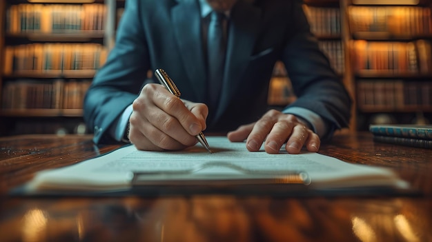 Signature de documents professionnels ciblés dans une bibliothèque classique mettant en scène un homme en costume d'affaires au travail, révision du contrat juridique, IA