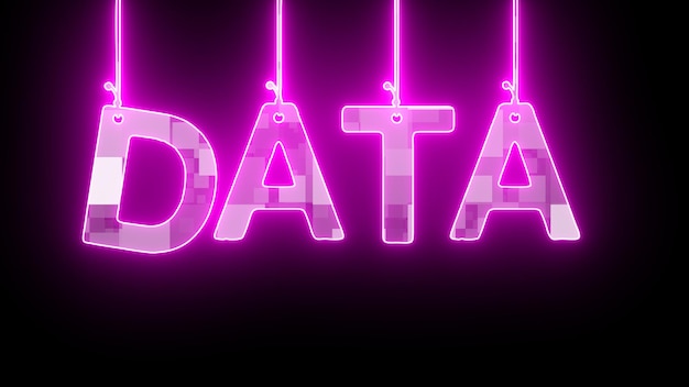Signe au néon avec le mot DATA en rose violet sur fond foncé