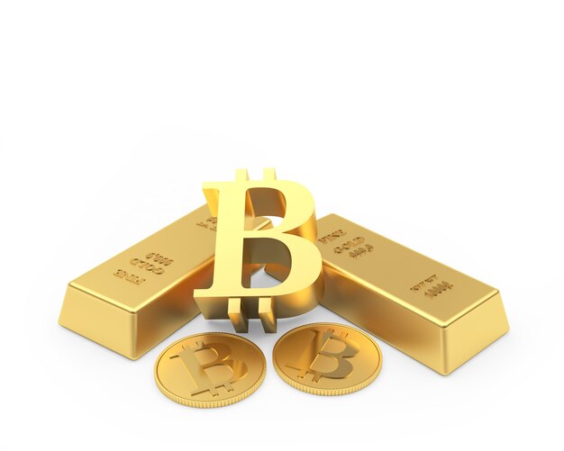 Signe De Bitcoin Avec Des Pièces Et Des Lingots D'or. 3d