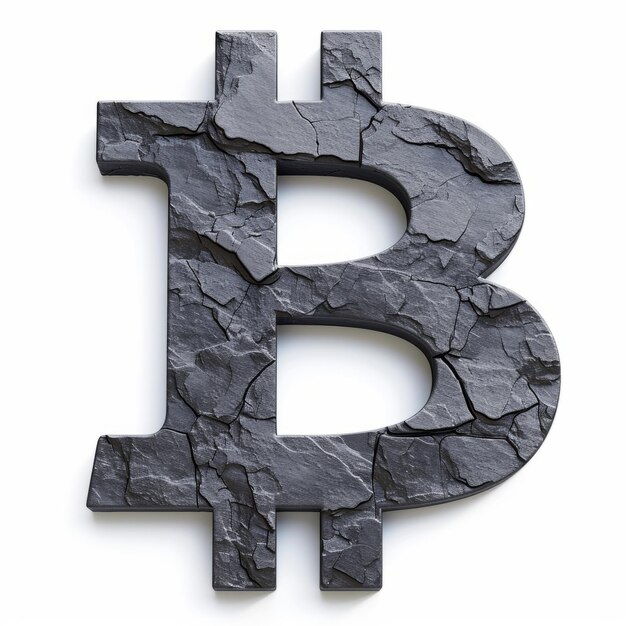 Signe Bitcoin en pierre d'ardoise isolé sur fond blanc