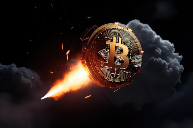 Signe Bitcoin volant hors de la fusée sur un fond sombre