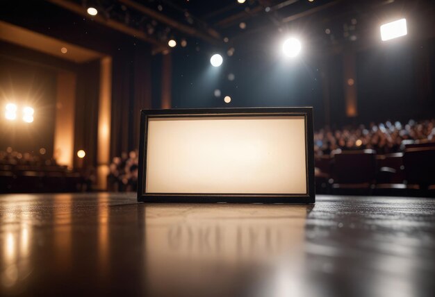 Photo un signe blanc blanc sur une scène avec les lumières allumées en arrière-plan