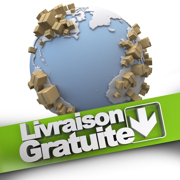 Photo signe de concept de livraison gratuite en français livraison gratuite avec la terre et les colis