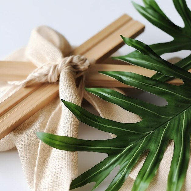 Photo un signe de crucifix de croix chrétienne en bois avec des feuilles de palmier vert comme fête religieuse événement du dimanche des rameaux