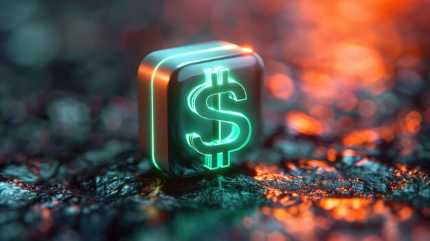 Signe de dollar au néon brillant sur surface réfléchissante avec des lumières bokeh chaudes