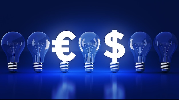 Signe dollar euros lumineux avec ampoules rendu 3D