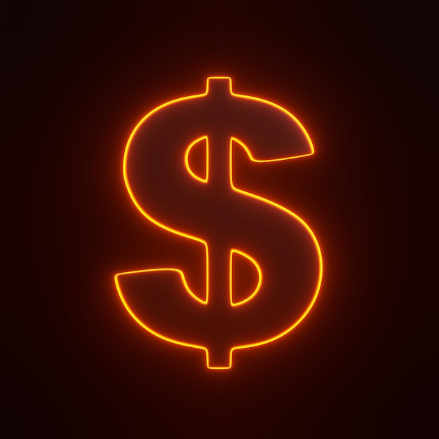 Photo signe de dollar avec des néons orange futuristes brillants sur fond noir rendu 3d