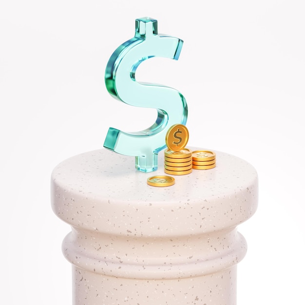 Signe dollar en verre avec des pièces sur une colonne de pierre. Composition pour l'économie et la finance. illustration 3D