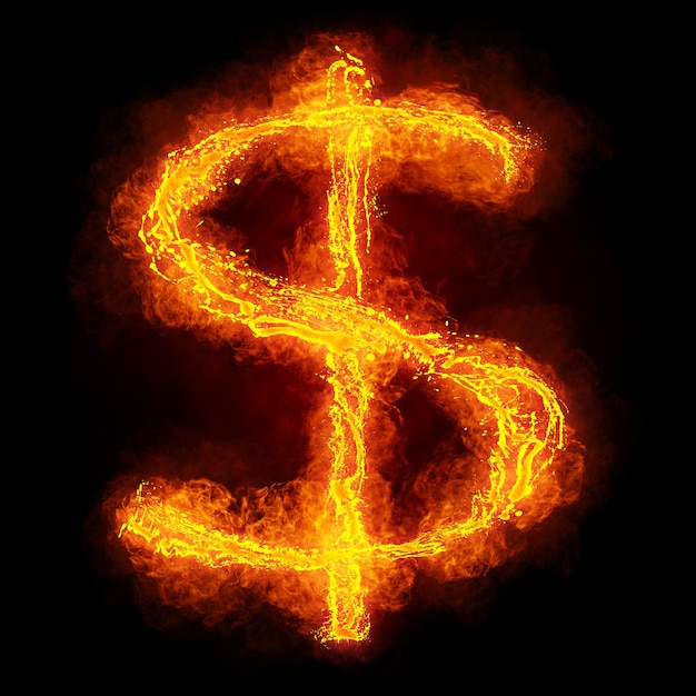 Signe du dollar enflammé. Fire letter A. Fiery Font. Symbole de police flamboyant lumineux.