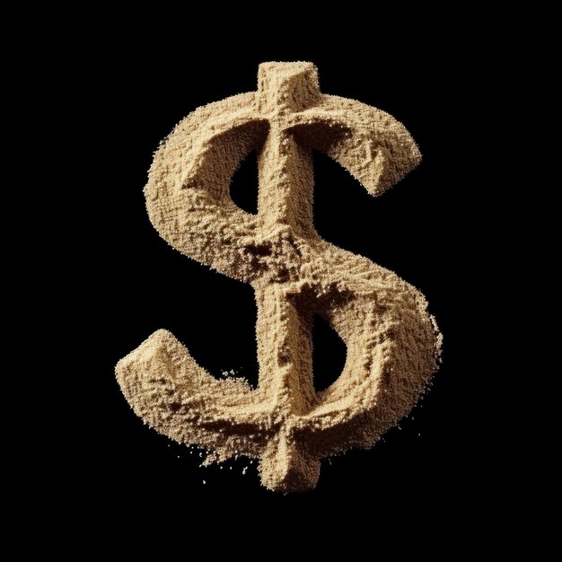 Photo le signe du dollar de sable isolé sur un fond noir