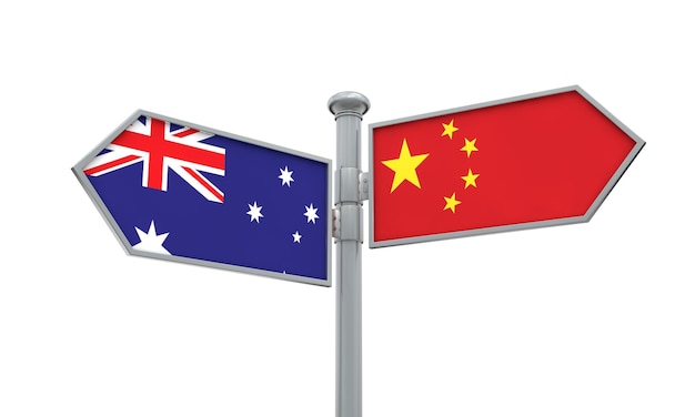 Signe du drapeau de la Chine et de l'Australie se déplaçant dans une direction différente Rendu 3D