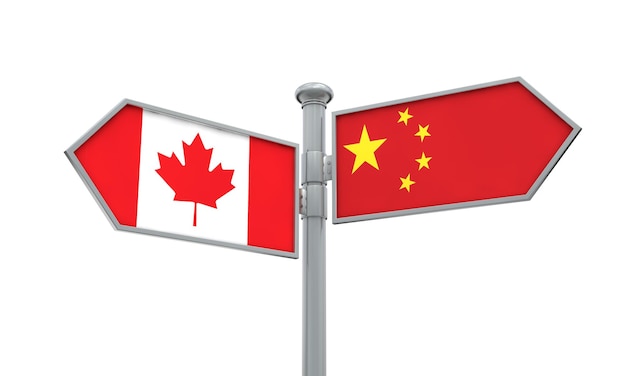 Signe du drapeau de la Chine et du Canada se déplaçant dans une direction différente Rendu 3D