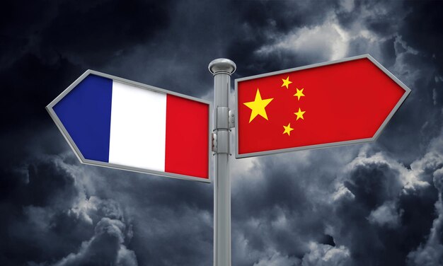 Photo signe du drapeau de la chine et de la france se déplaçant dans une direction différente rendu 3d