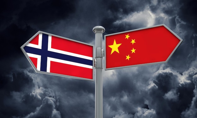 Photo signe du drapeau de la chine et de la norvège se déplaçant dans une direction différente rendu 3d