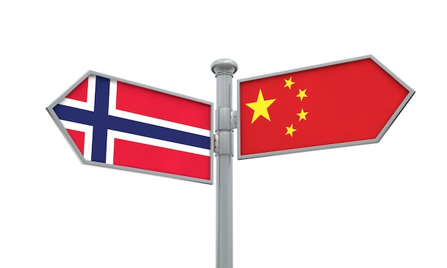 Signe du drapeau de la Chine et de la Norvège se déplaçant dans une direction différente Rendu 3D