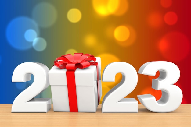 Signe du Nouvel An 2023 avec boîte-cadeau et rendu 3d du ruban rouge