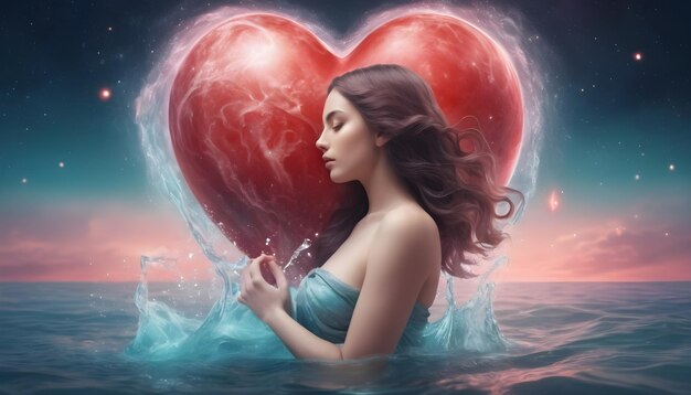 Le signe du zodiaque Aquarius belle femme d'eau univers fond cœur rouge horoscope de l'amour