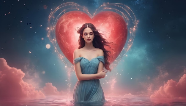 Le signe du zodiaque Aquarius belle femme d'eau univers fond cœur rouge horoscope de l'amour