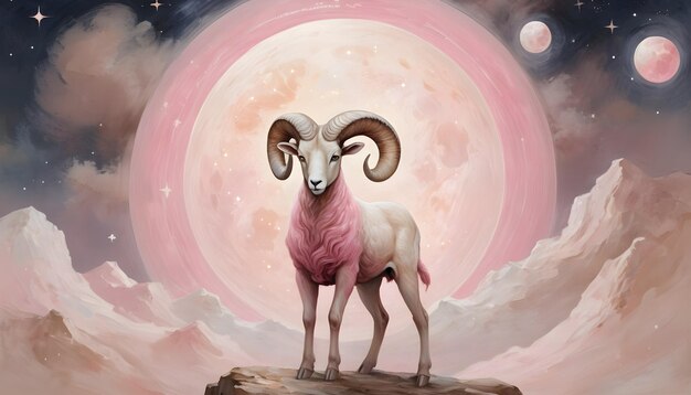 Le signe du zodiaque Bélier un mouton à la queue rose se tient sur un rocher