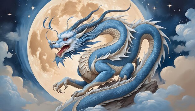 Signe du zodiaque chinois Dragon un dragon avec une lune pleine en arrière-plan